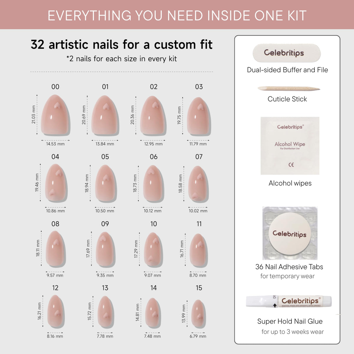 Celebritips application kit contents with glue, tabs, file for easy home use