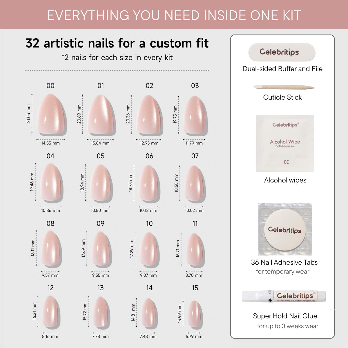 Celebritips kit layout with glue, tabs, and instructions for easy at-home application