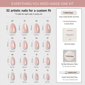Celebritips kit layout with glue, tabs, and instructions for easy at-home application