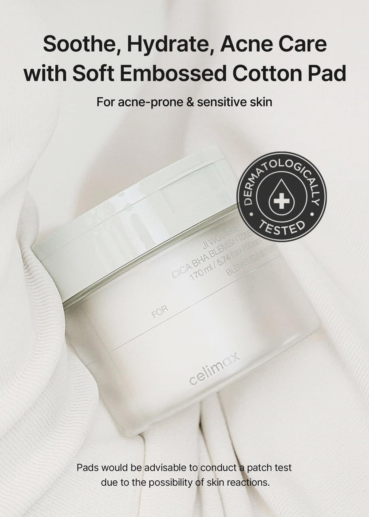 celimax pad being applied to cheek demonstrating gentle exfoliation benefit