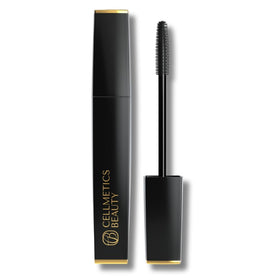 Cellmetics front packaging showing sleek black mascara, clear benefits