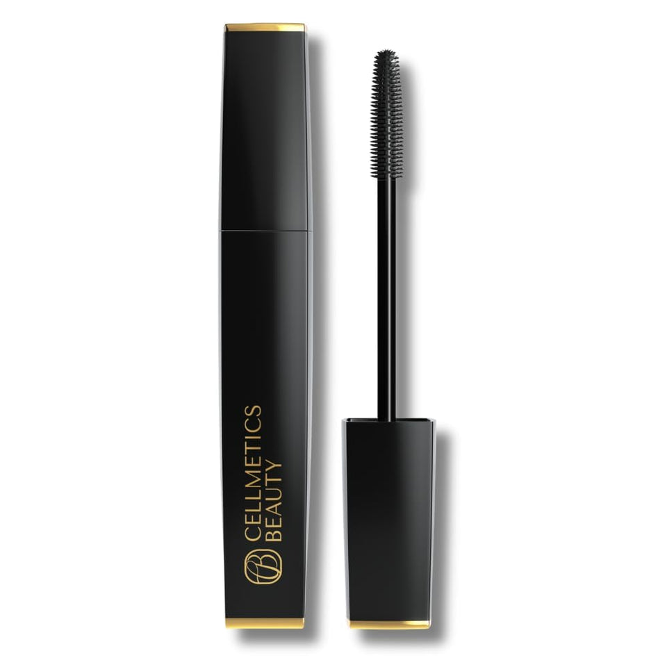 Cellmetics front packaging showing sleek black mascara, clear benefits