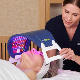 Person reclining using Celluma facial rests showing comfortable treatment benefit
