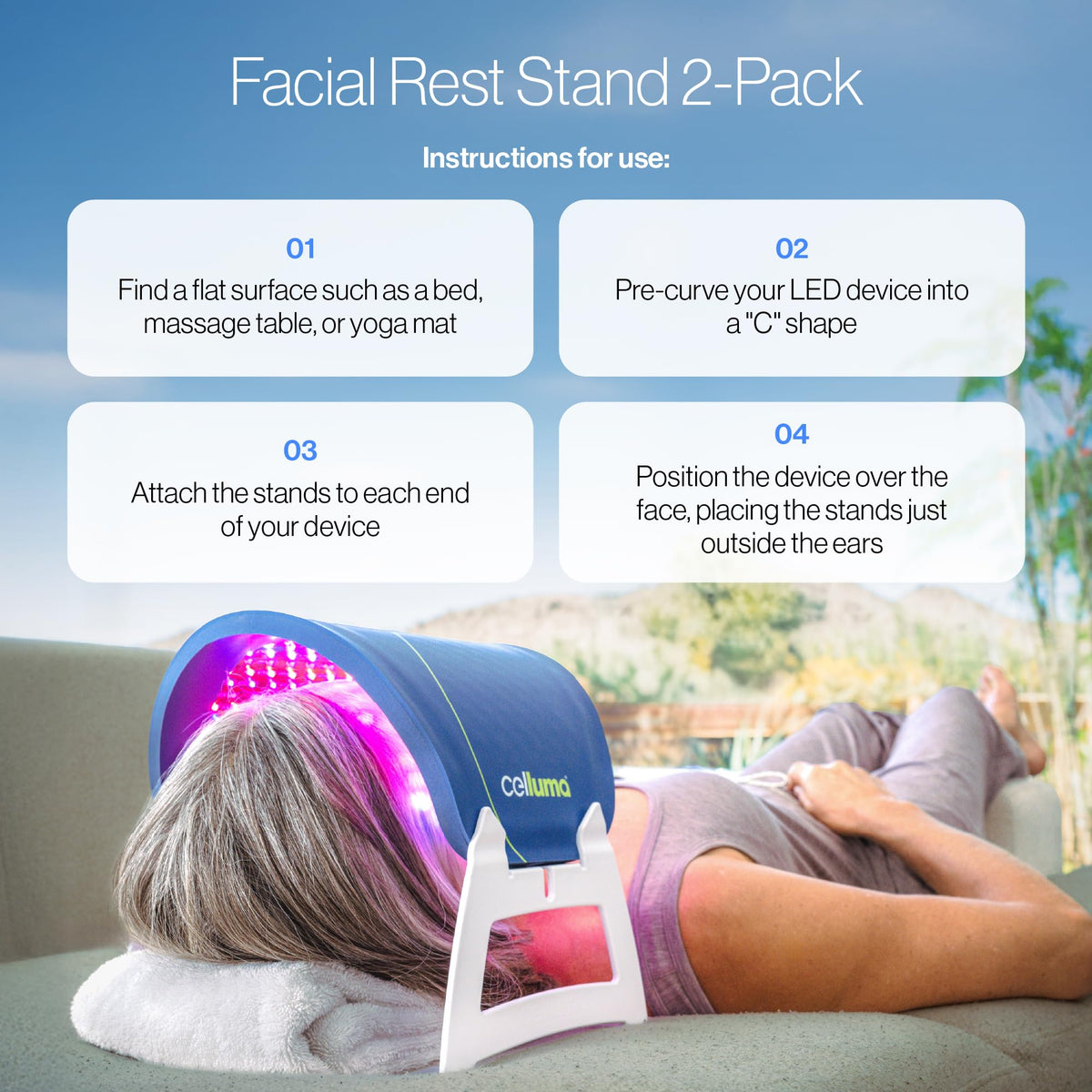 Celluma facial rests with panel mounted demonstrating hands-free benefit