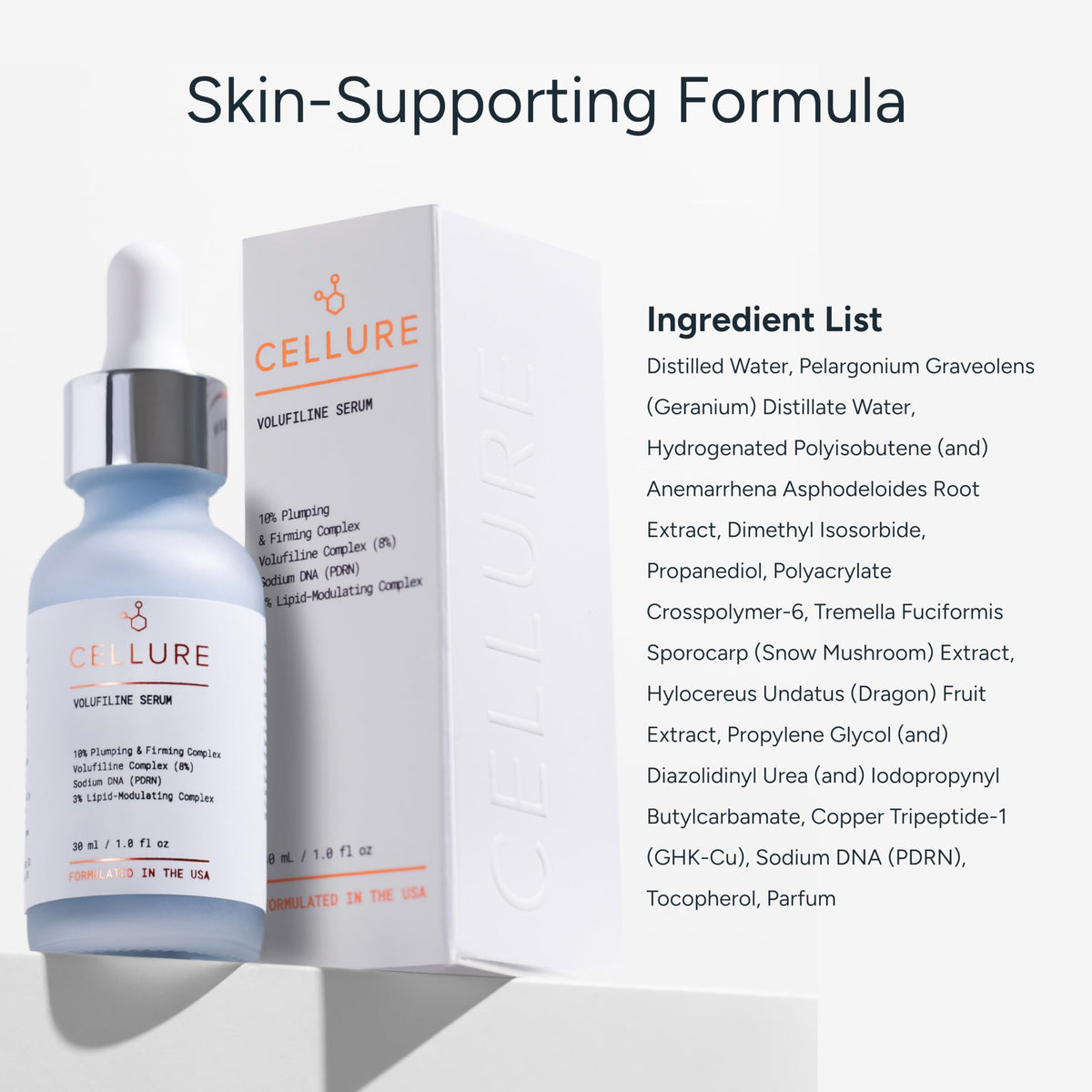 Flatlay of Cellure among skincare items to show layering compatibility and convenience benefit