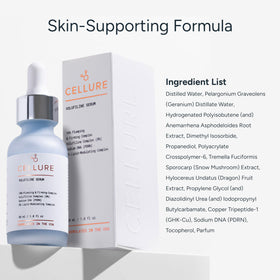 Flatlay of Cellure among skincare items to show layering compatibility and convenience benefit