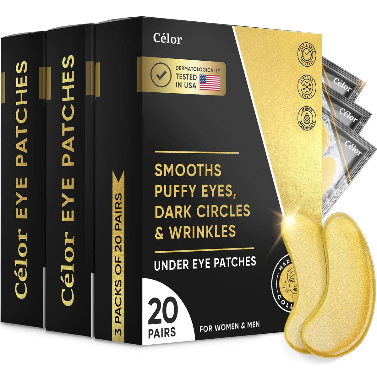 CÉLOR front packaging showing gold eye patches and benefits