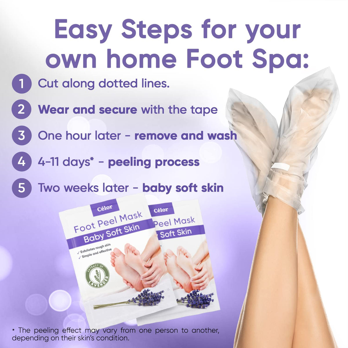 CÉLOR foot mask being worn, convenient at-home treatment benefit
