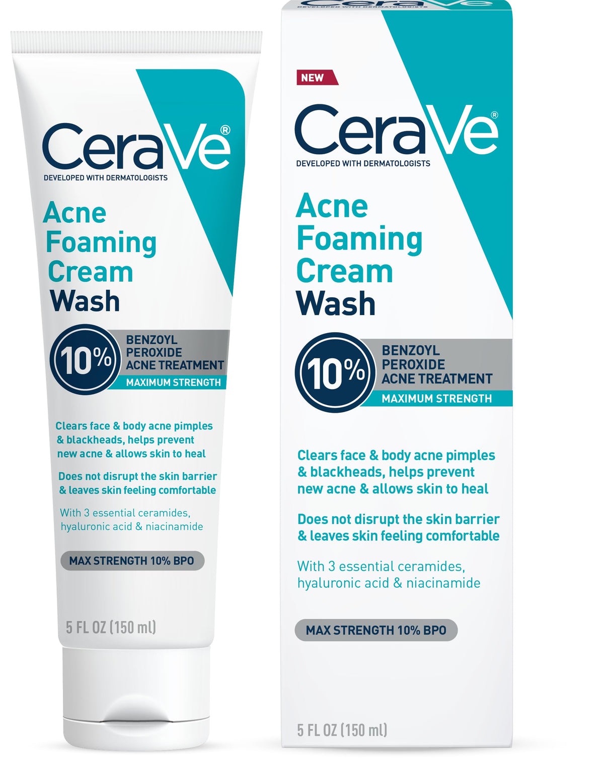 CeraVe front packaging of acne foaming cream wash shows product and size benefits