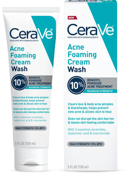 CeraVe front packaging of acne foaming cream wash shows product and size benefits