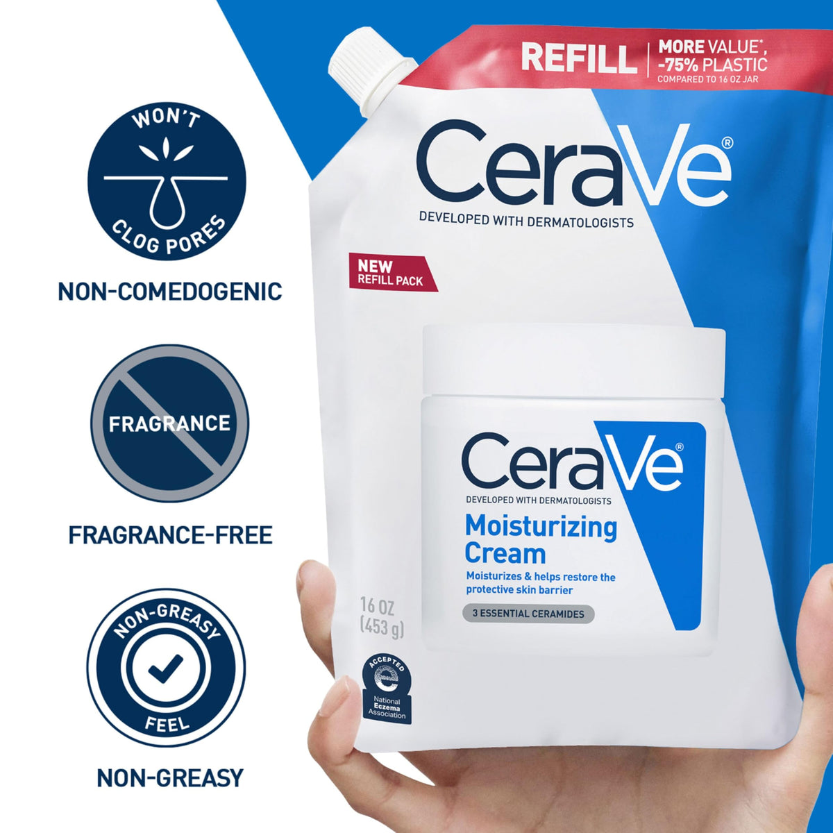 CeraVe refill poured into pump container for easy everyday use benefit