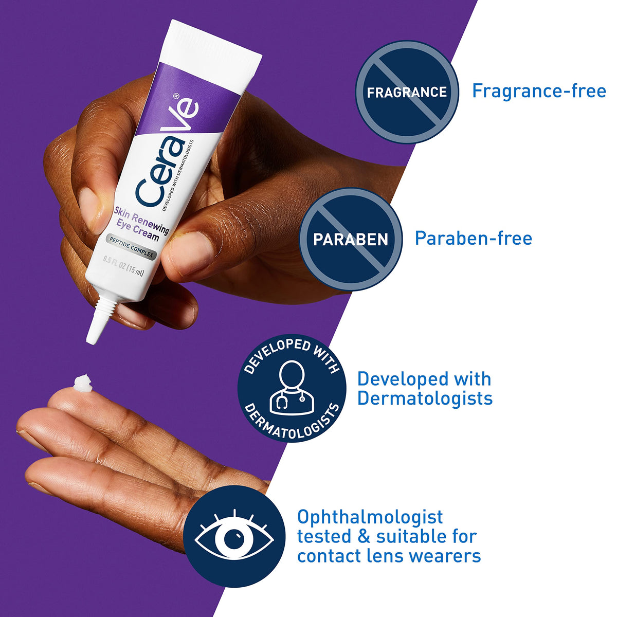 CeraVe demonstration applying cream under eye for smoothing effect