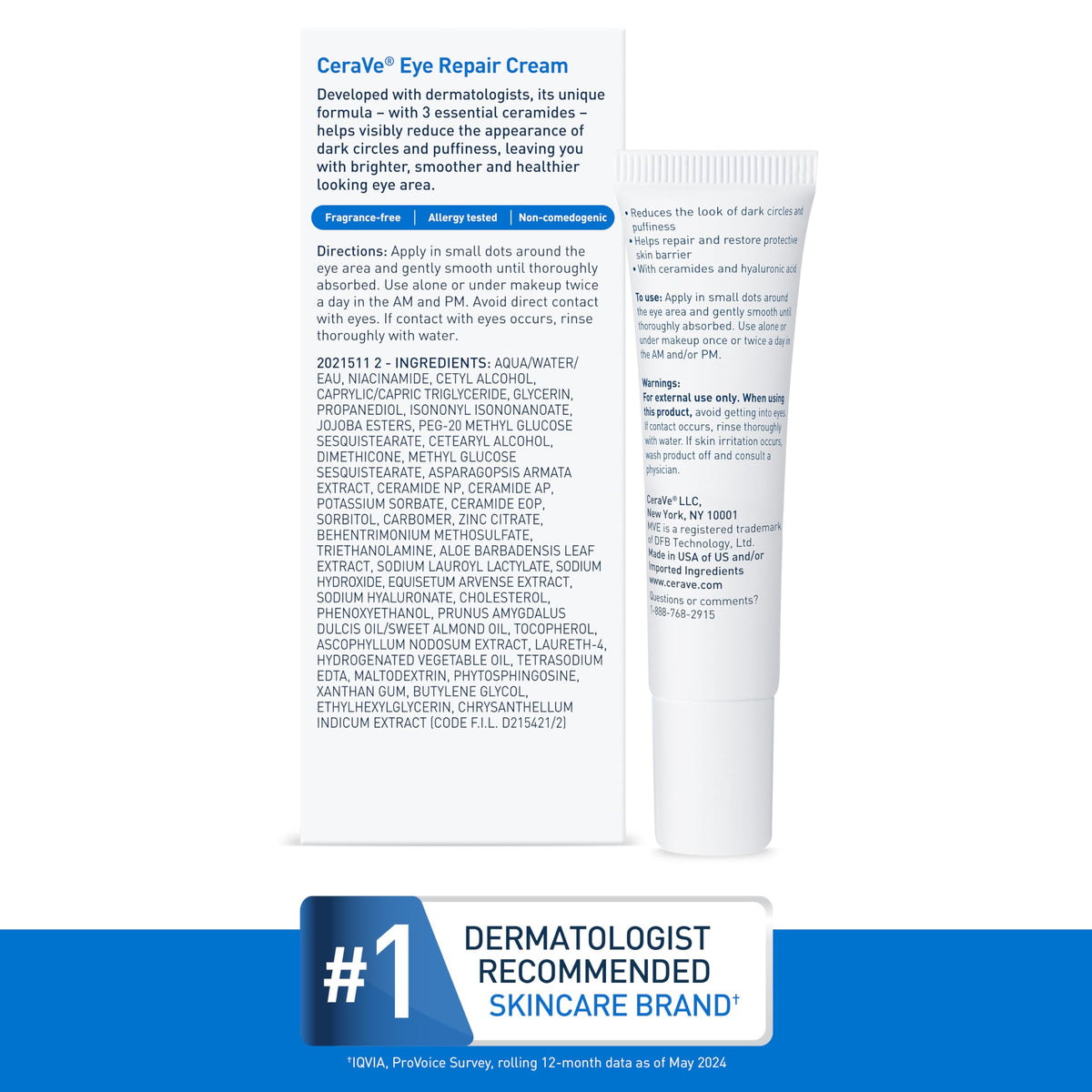 CeraVe Eye Repair Cream angled packaging emphasizing dermatologist-developed formula