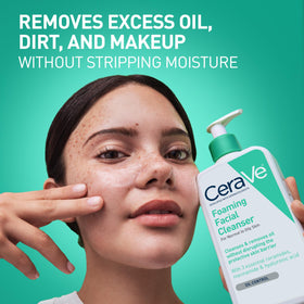 CeraVe pump dispensing clear gel that foams, demonstrates easy application and coverage