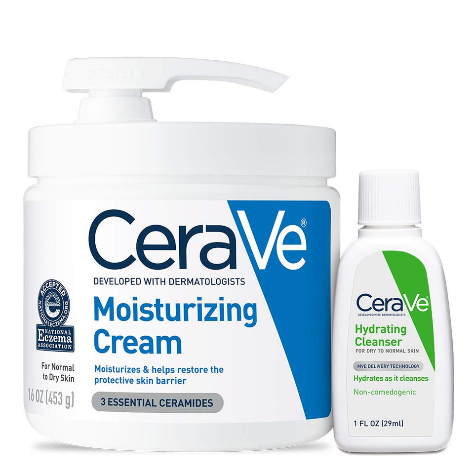 CeraVe front packaging showing cleanser and 16oz cream for convenient hydration
