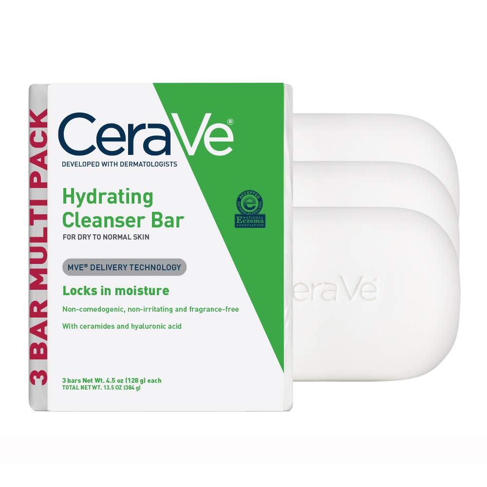 CeraVe hydrating cleanser bar front packaging showing three bars and branding benefit