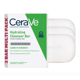CeraVe hydrating cleanser bar front packaging showing three bars and branding benefit