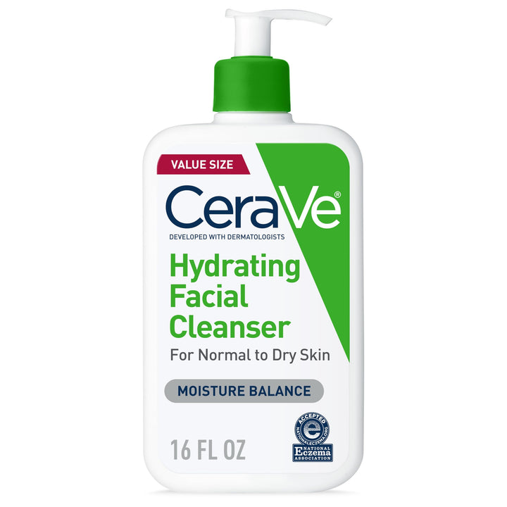 CeraVe front packaging showing product and calming design, promotes gentle cleansing