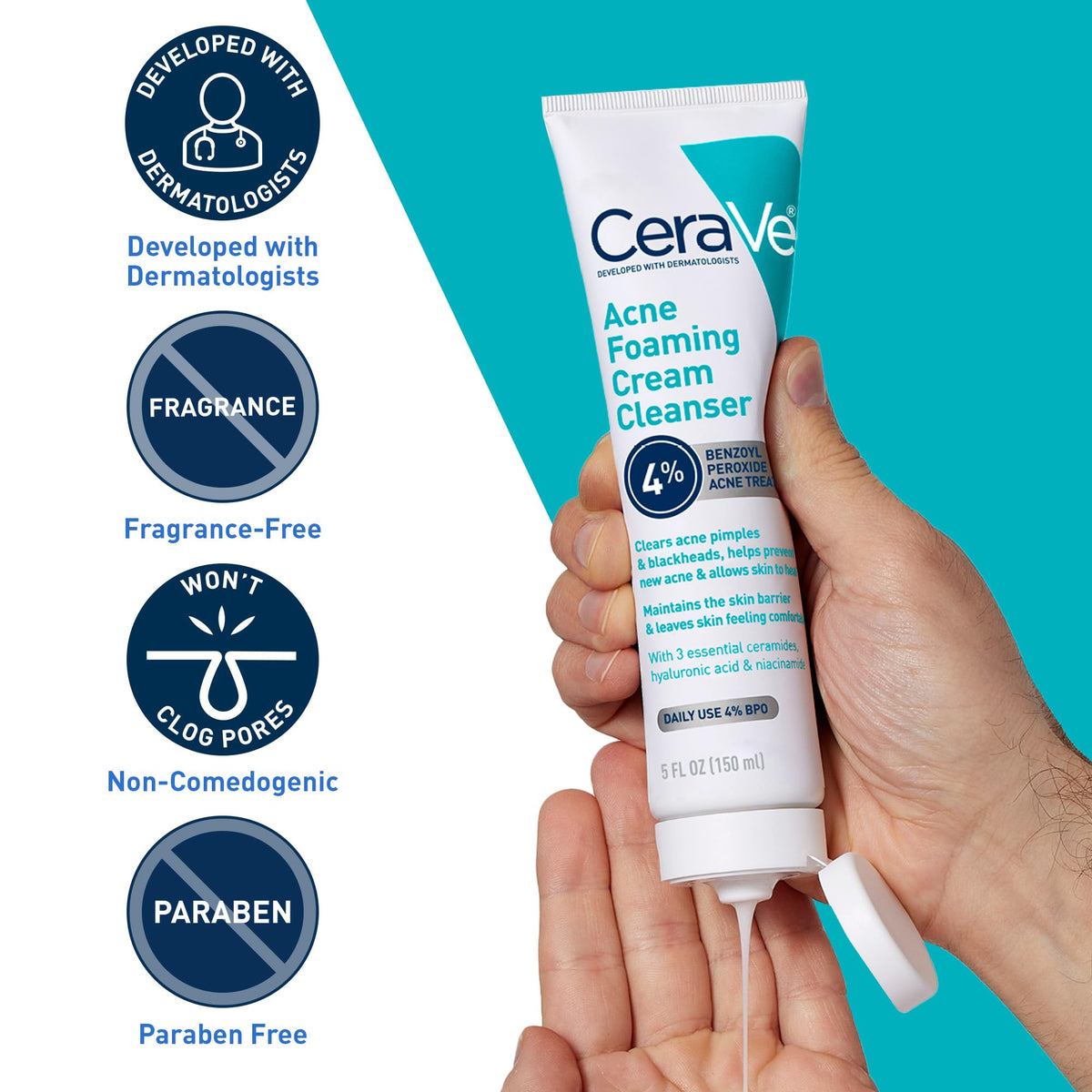 CeraVe ingredients label close-up highlighting benzoyl peroxide and ceramides