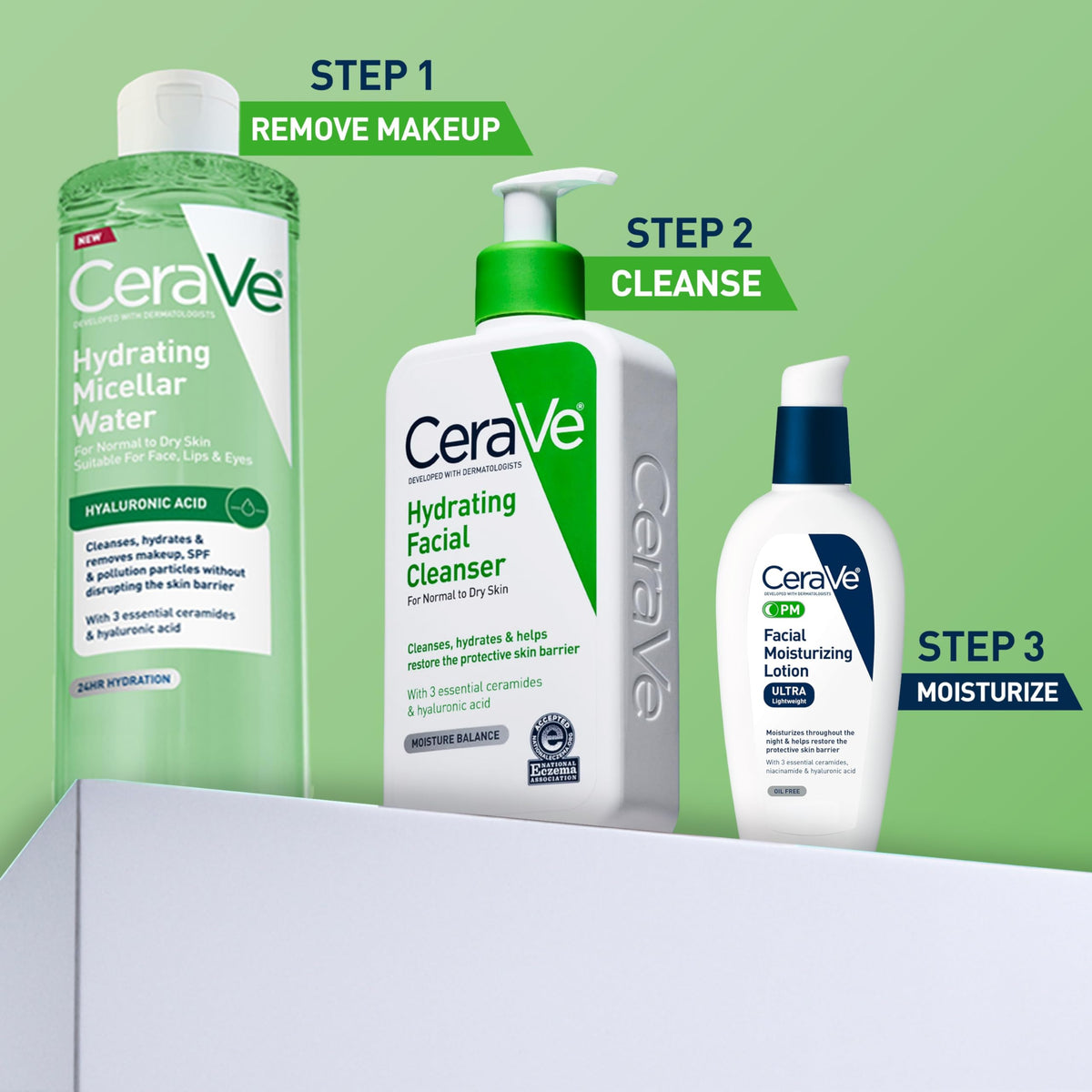 CeraVe bottle on bathroom shelf conveying daily skincare routine