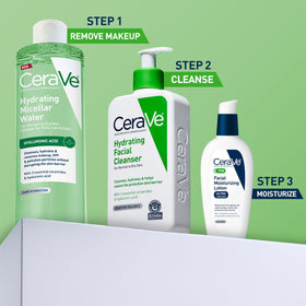 CeraVe bottle on bathroom shelf conveying daily skincare routine