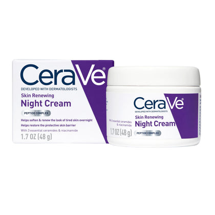 CeraVe night cream front jar showing clean dermatologist-developed packaging and benefits