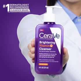 CeraVe bottle beside hand showing 8 oz scale for size reference