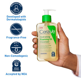 CeraVe oil-to-foam texture turning into foam, demonstrates gentle cleansing benefit