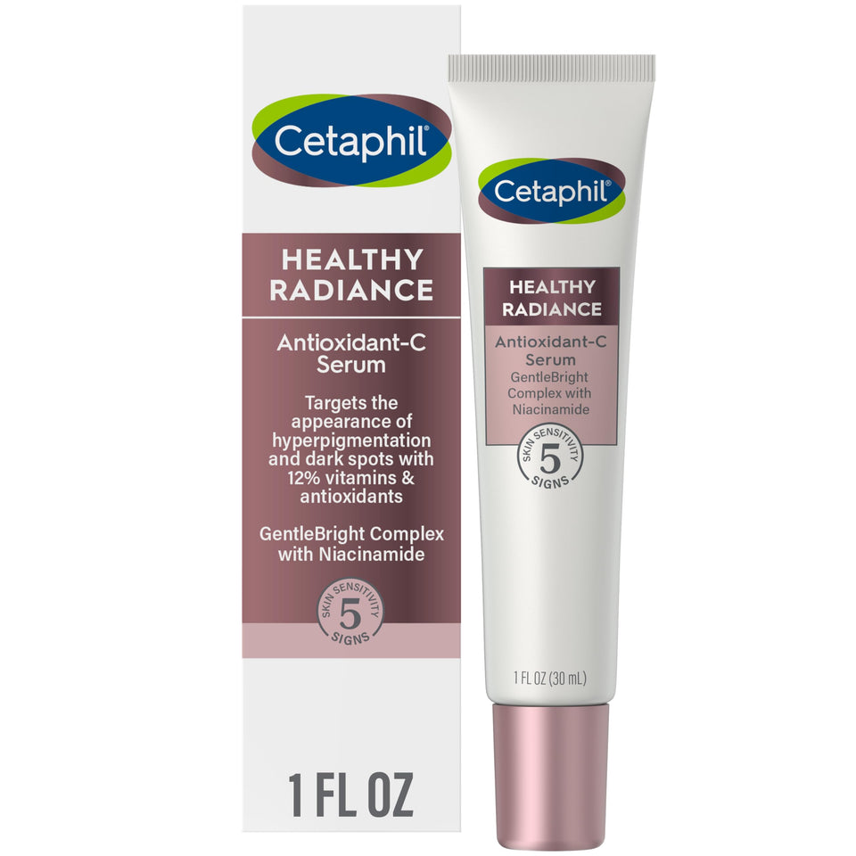 Cetaphil bottle front showing label and brightening serum benefits