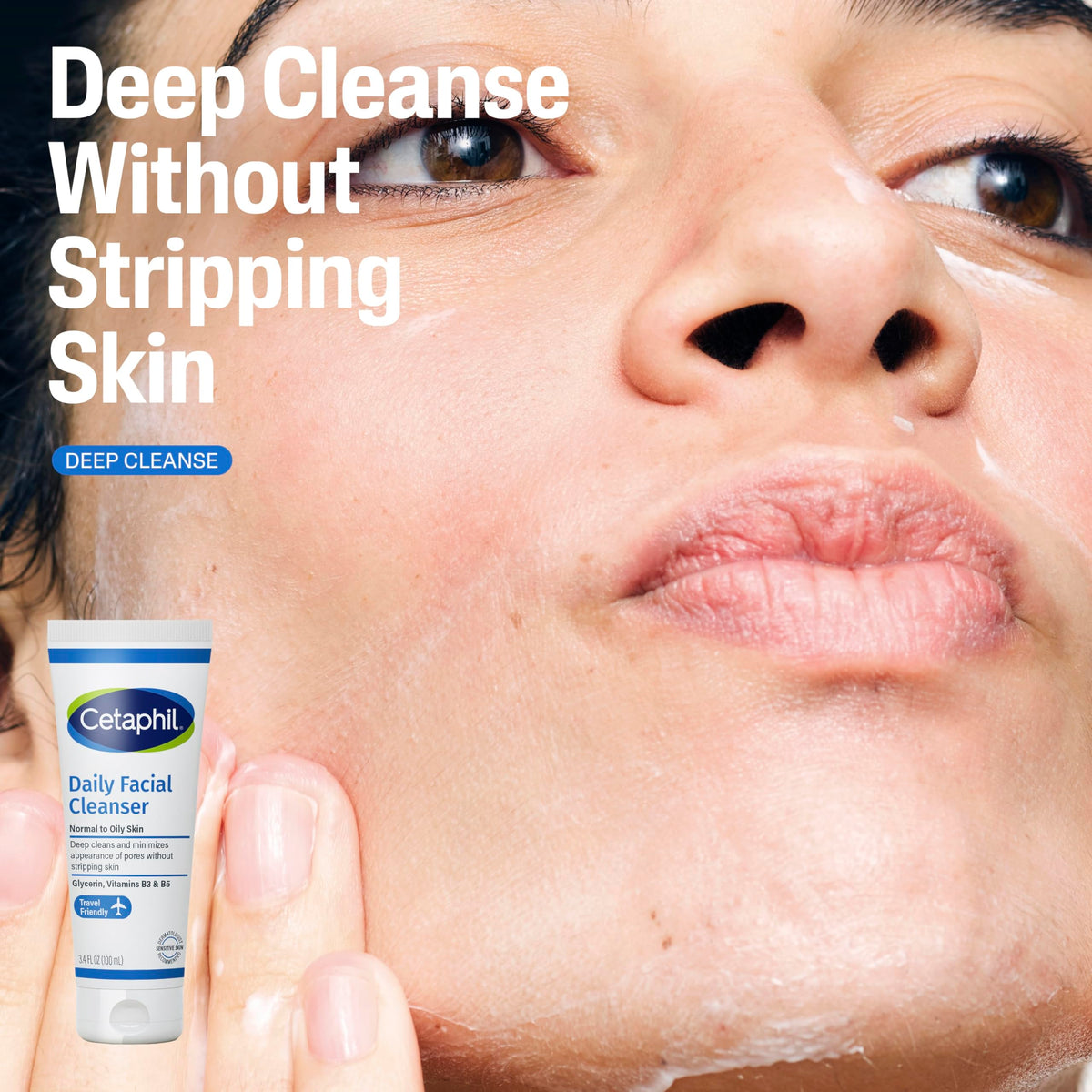 Cetaphil daily facial cleanser dispensed from tube showing effective cleansing action