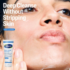 Cetaphil daily facial cleanser dispensed from tube showing effective cleansing action