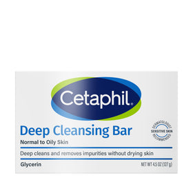 Bathroom scene with Cetaphil deep cleansing bar illustrating everyday routine