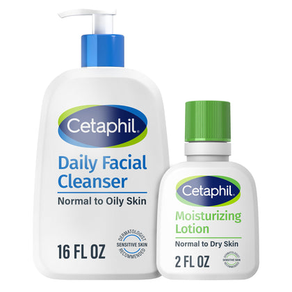 Cetaphil front packaging showing 16 oz cleanser and travel lotion benefits