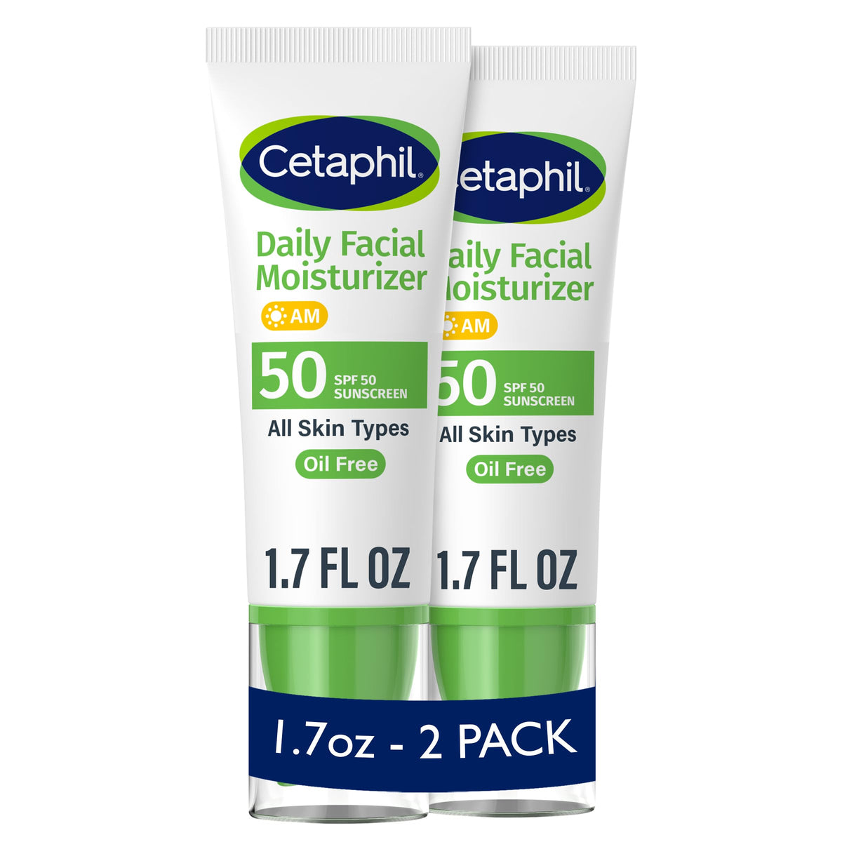 Cetaphil front packaging showing two bottles and SPF protection benefit
