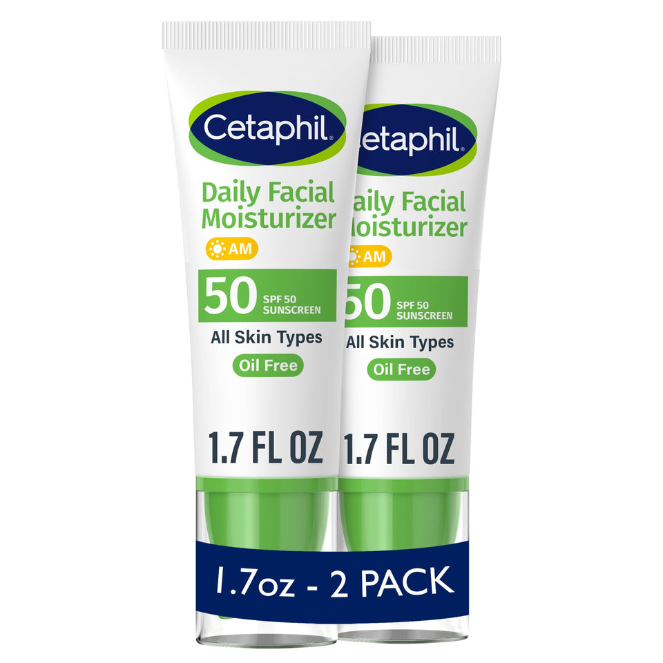 Cetaphil front packaging showing two bottles and SPF protection benefit