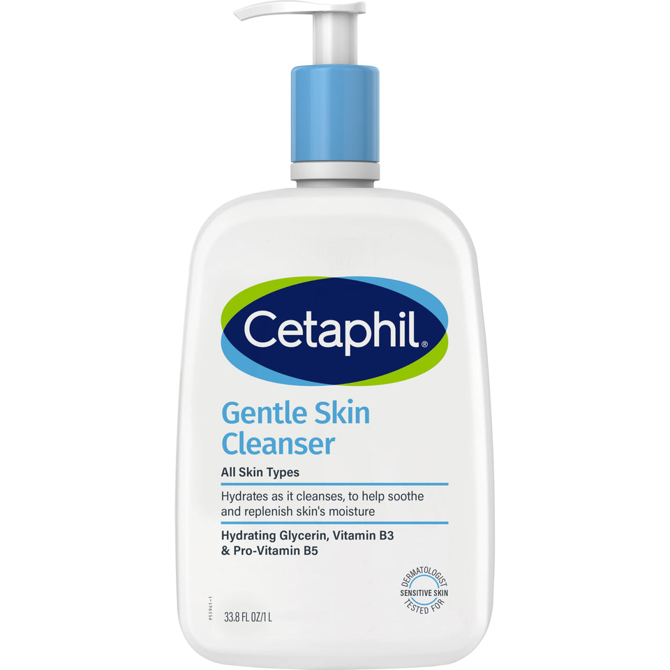 Cetaphil front packaging 33.8 oz showing label and pump for easy use