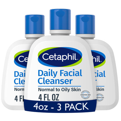 Cetaphil front packaging three-pack showing gentle daily cleanser benefits