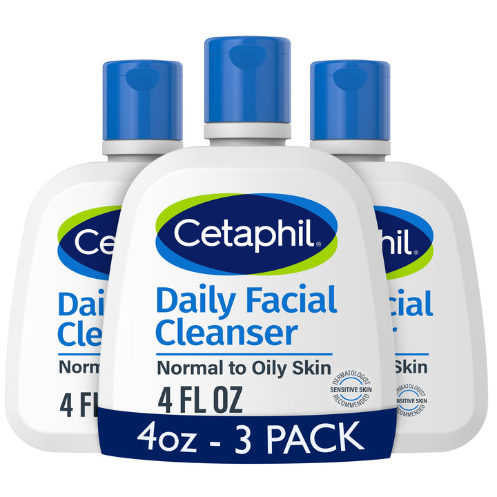 Cetaphil front packaging three-pack showing gentle daily cleanser benefits