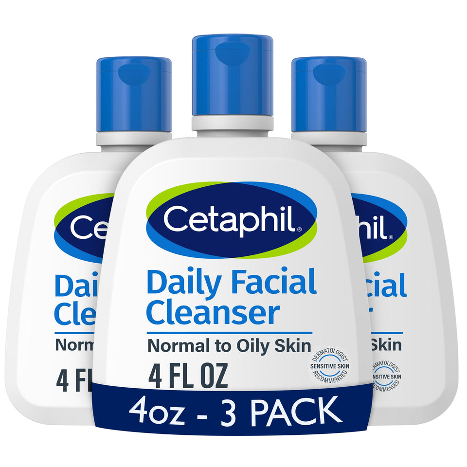 Cetaphil front packaging three-pack showing gentle daily cleanser benefits
