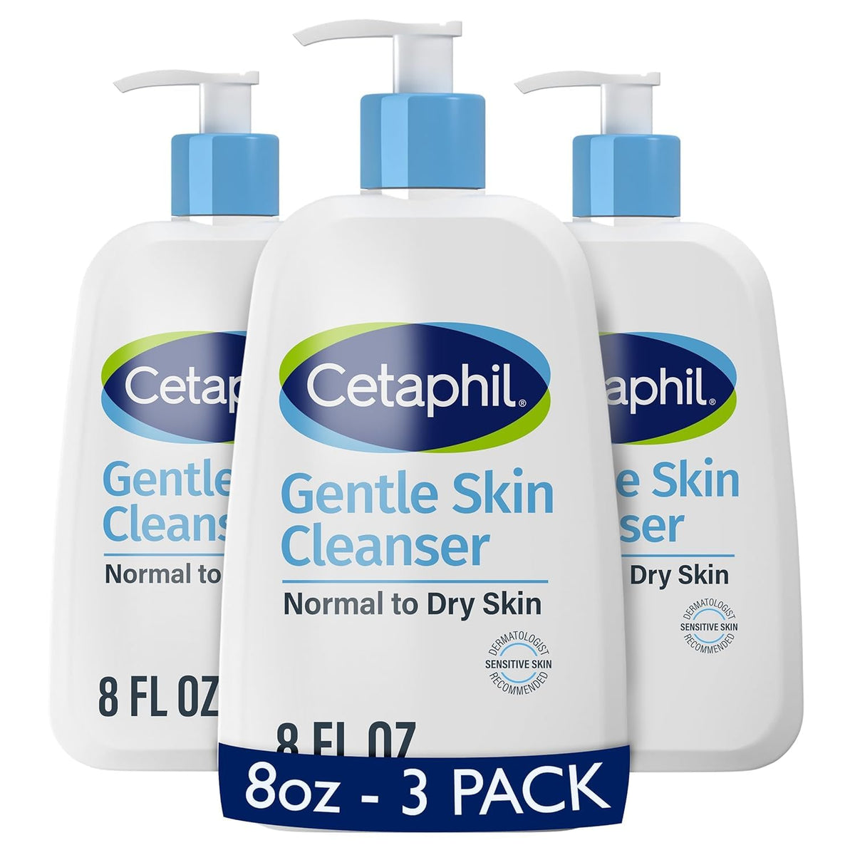 Cetaphil front packaging showing three 8 oz bottles and clear benefits