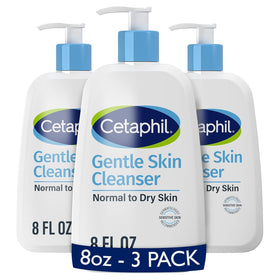 Cetaphil front packaging showing three 8 oz bottles and clear benefits