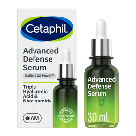 Cetaphil front packaging of Advanced Defence Serum showing bottle and label for clear identification and trust