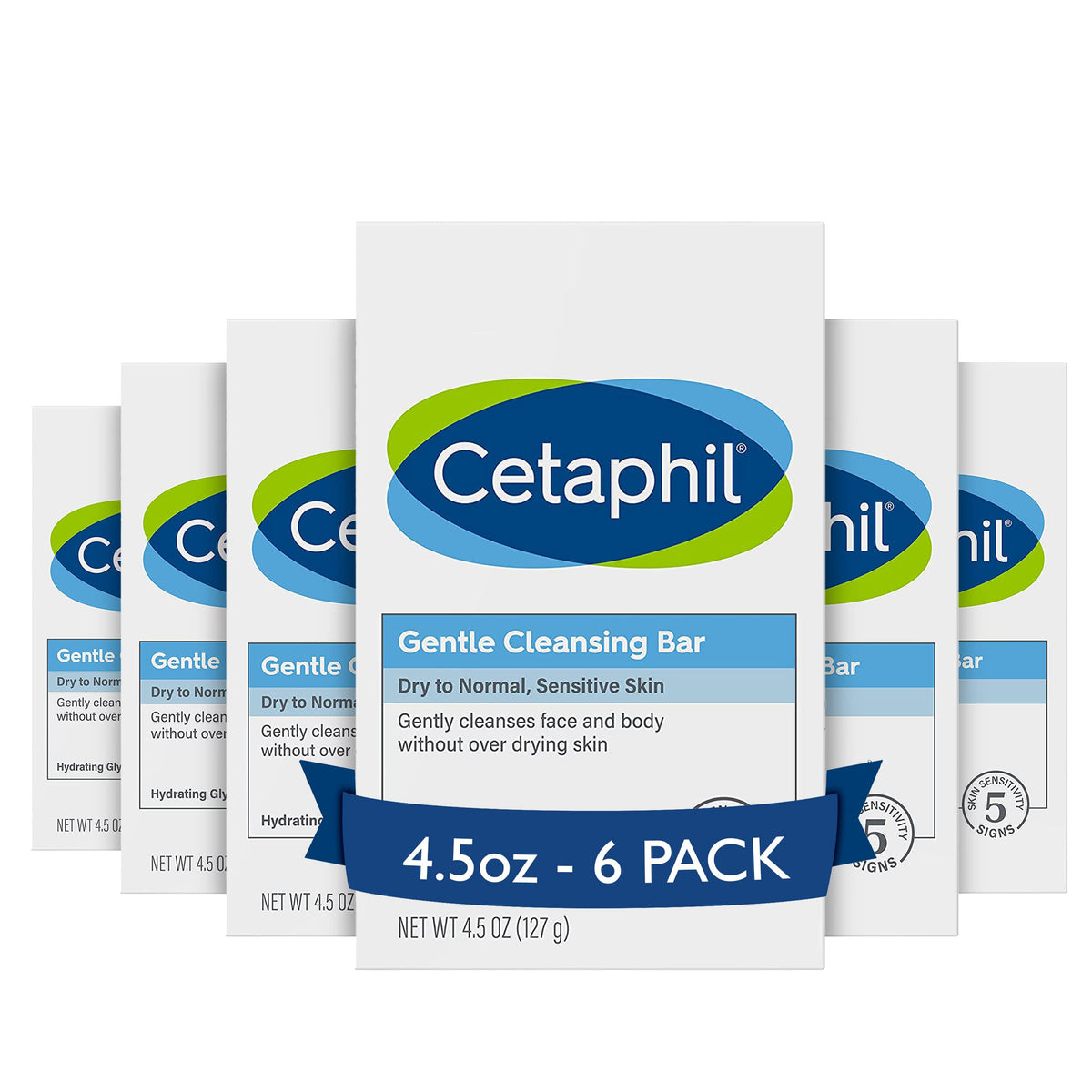 Cetaphil front packaging showing six bars and clear value pack benefits