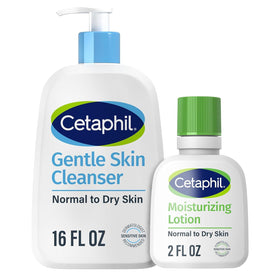Cetaphil front packaging showing cleanser and lotion for gentle daily care