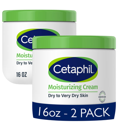 Cetaphil front tubs packaging showing two 16 oz jars and brand benefit