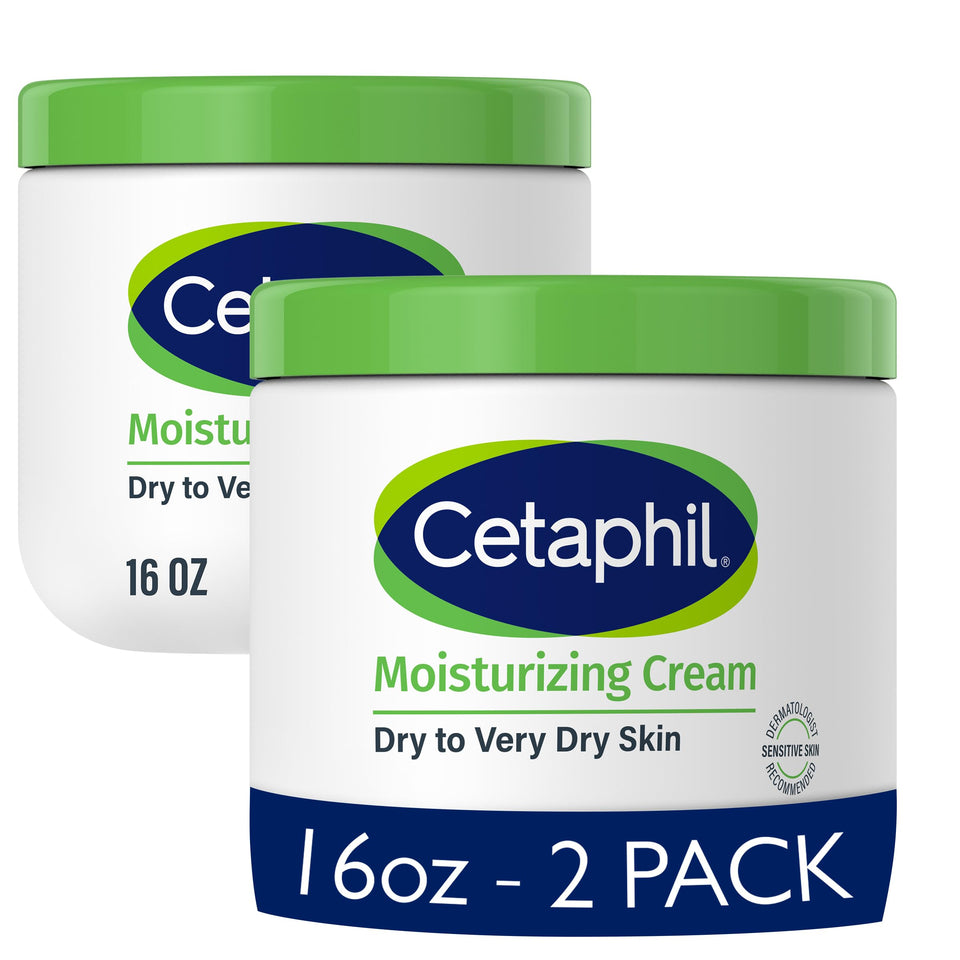 Cetaphil front tubs packaging showing two 16 oz jars and brand benefit