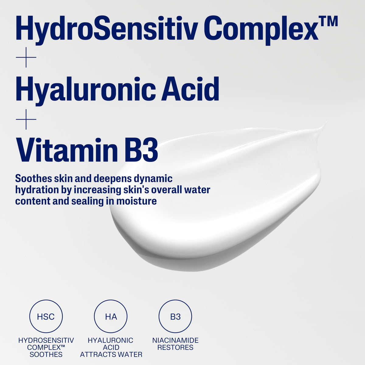Cetaphil with ingredient bottles showing hyaluronic acid and vitamins benefits