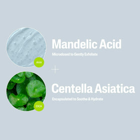 Visual of mandelic acid and CICA with Cetaphil, highlights gentle exfoliation benefit
