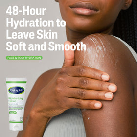 Cetaphil moisturizing lotion poured onto hand showing fast-absorbing, non-greasy hydration