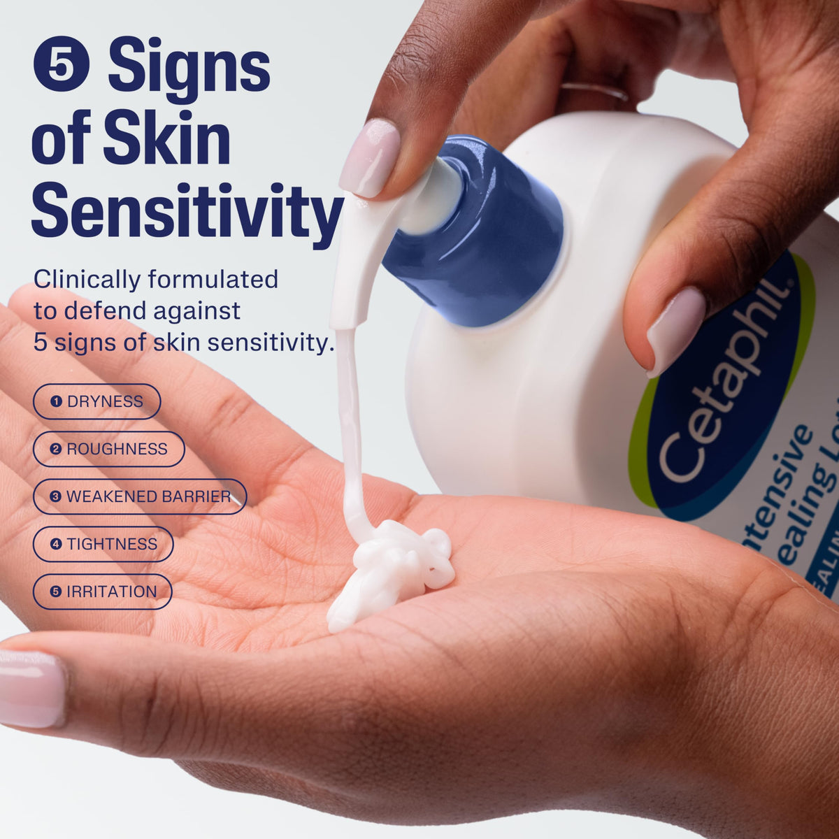 Cetaphil pump dispenser close-up demonstrating easy one-handed use and controlled dispensing